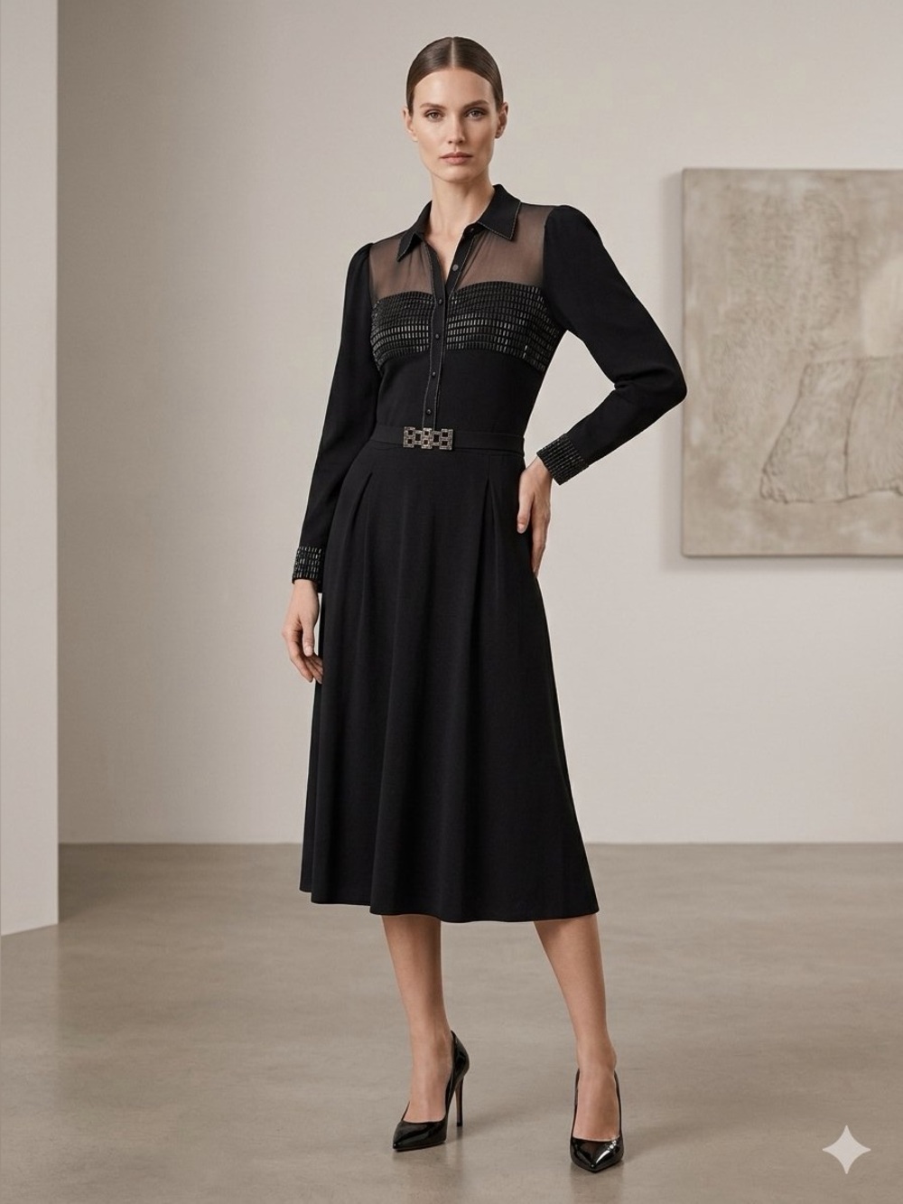 St. John Santana Knite Black Sheer Yoke Midi Dress with Embellished Trim